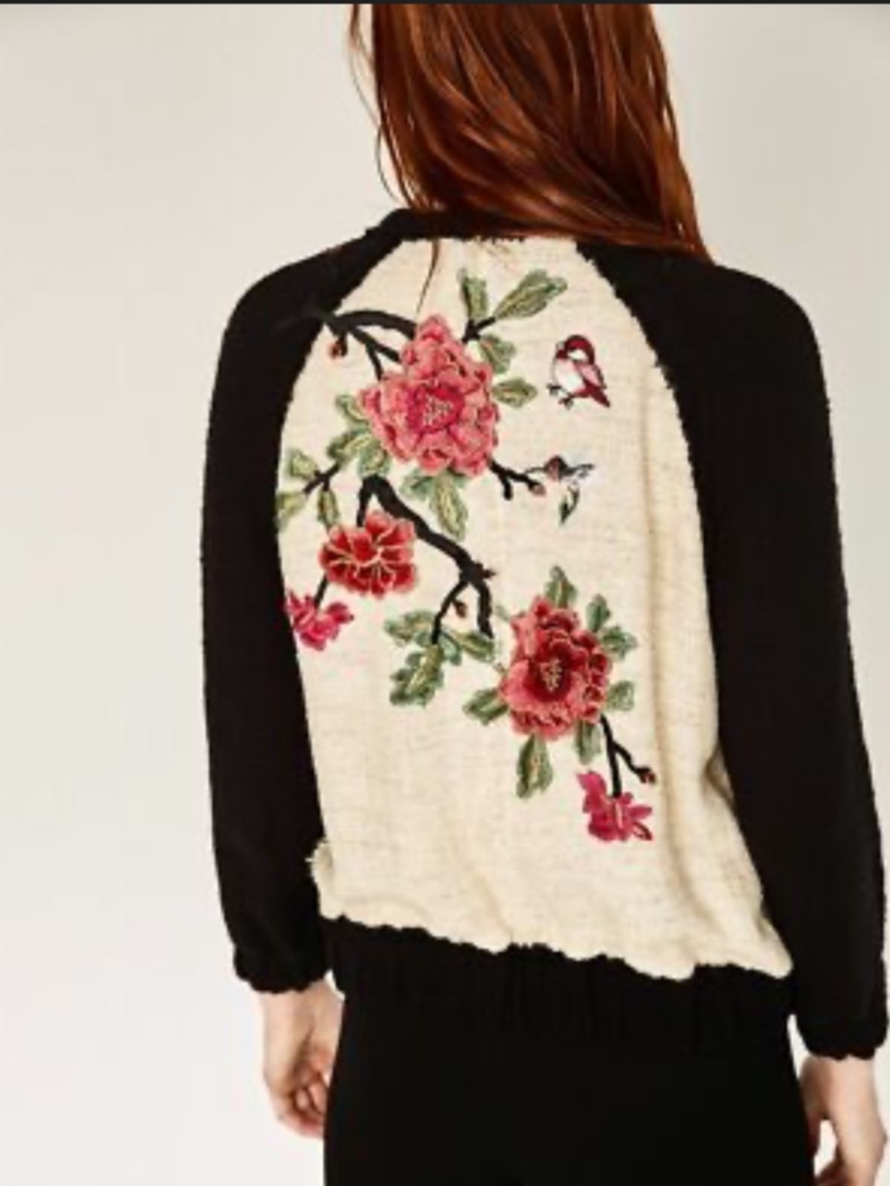 Zara embroidered Boucle Black Cream Bomber Jacket sz S full zip embellished